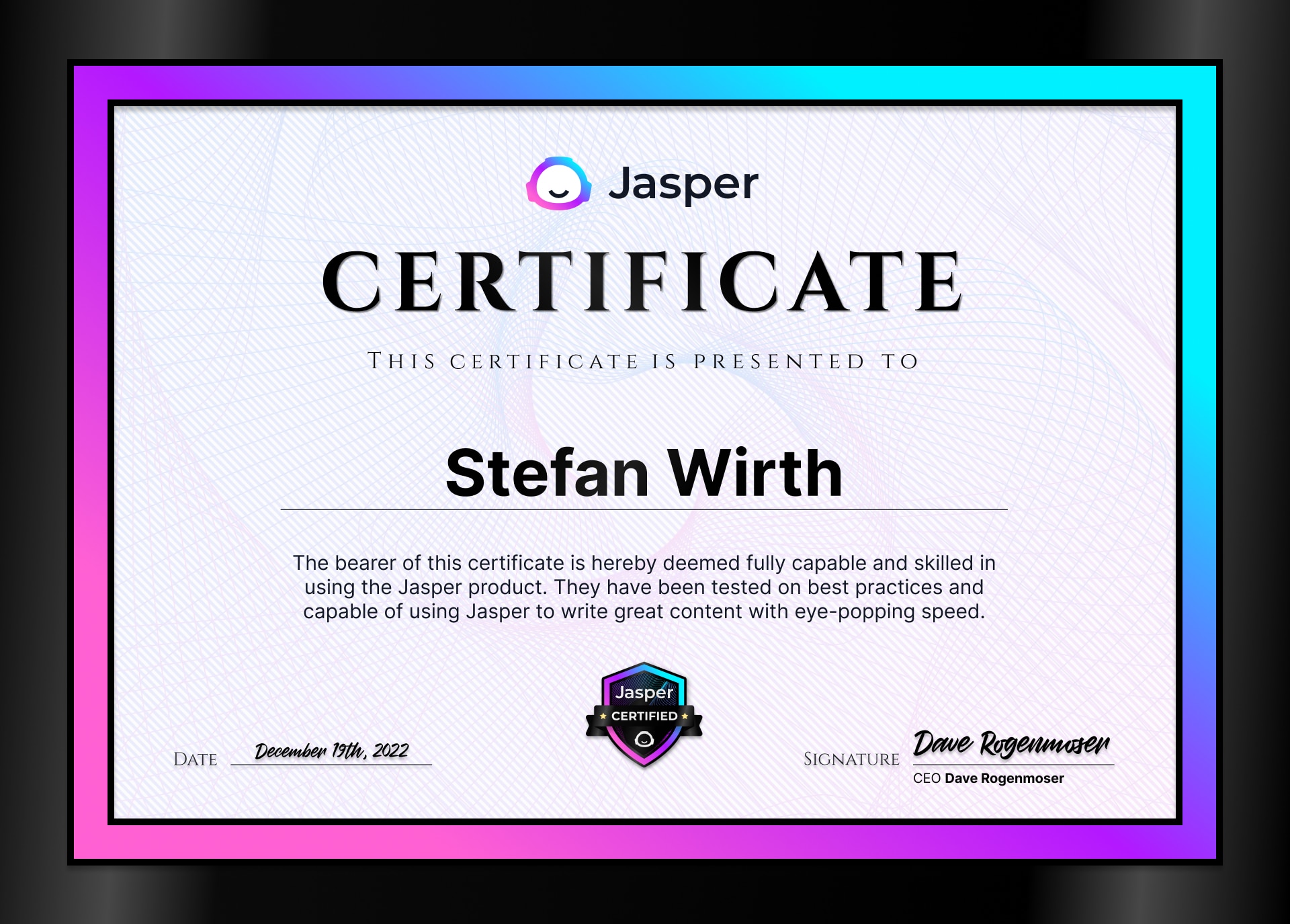 Jasper AI Zertifikat Stefan